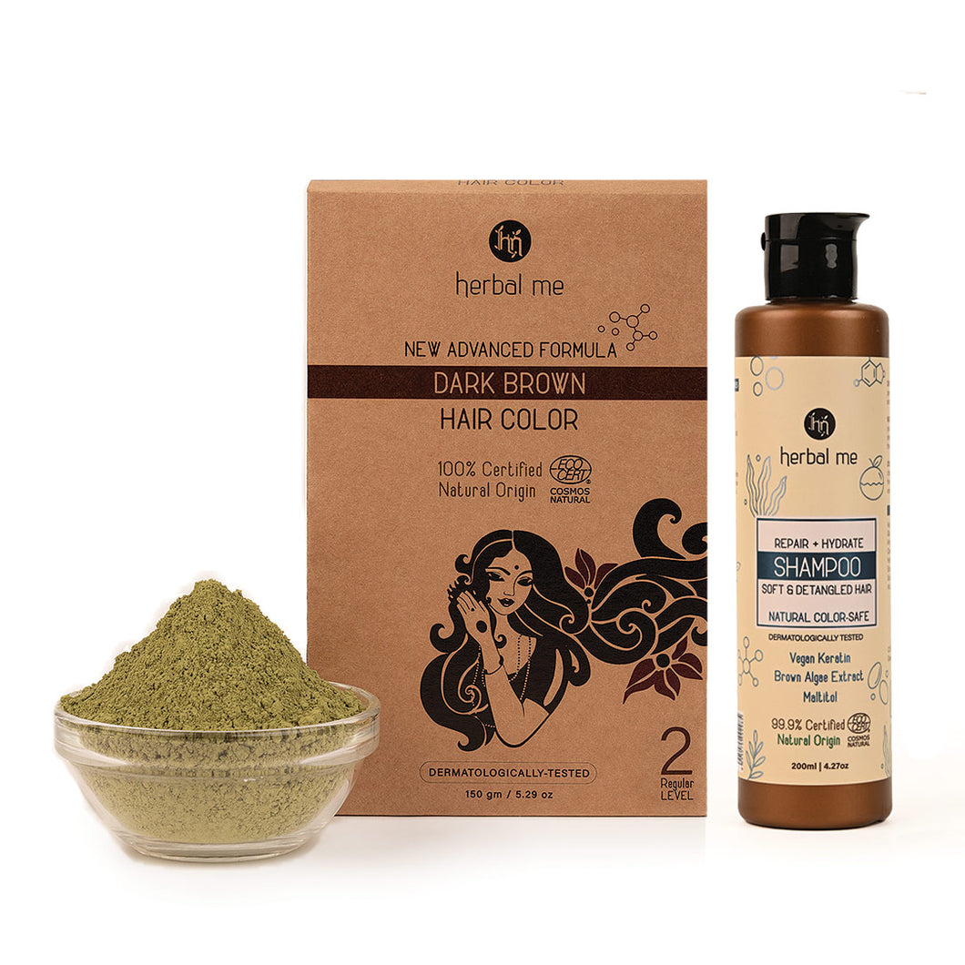 Color + Shampoo Combo - Dark Brown 150g + Repair and Hydrate Shampoo 200ml - Ecocert Certified