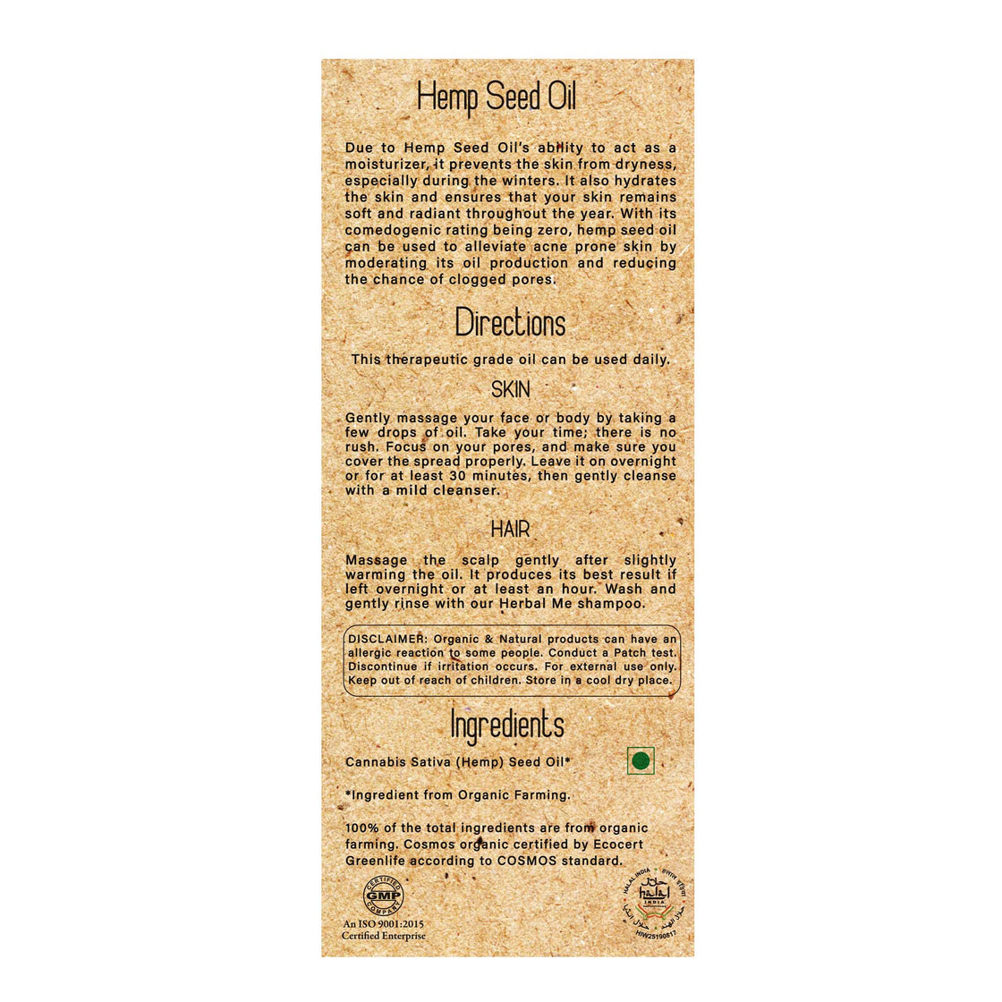 100% Hemp Seed Organic Hair Oil
